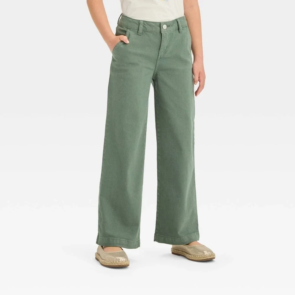 Cat and Jack Girls Wide Leg Stretch Pants Size 7 Green Adjustable Waist NWT